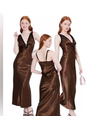 wild fable Brown Maxi Dress with Black Lace Detail